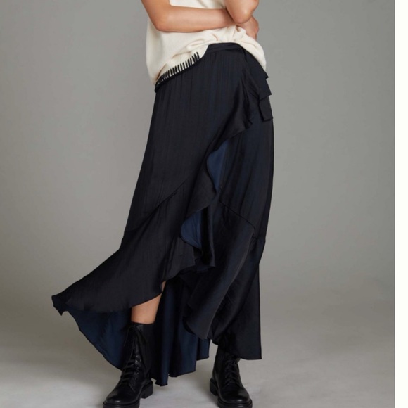 Anthropologie Dresses & Skirts - NWT Anthropologie Maeve Ruffled Silky Black Wrap Maxi Skirt XL